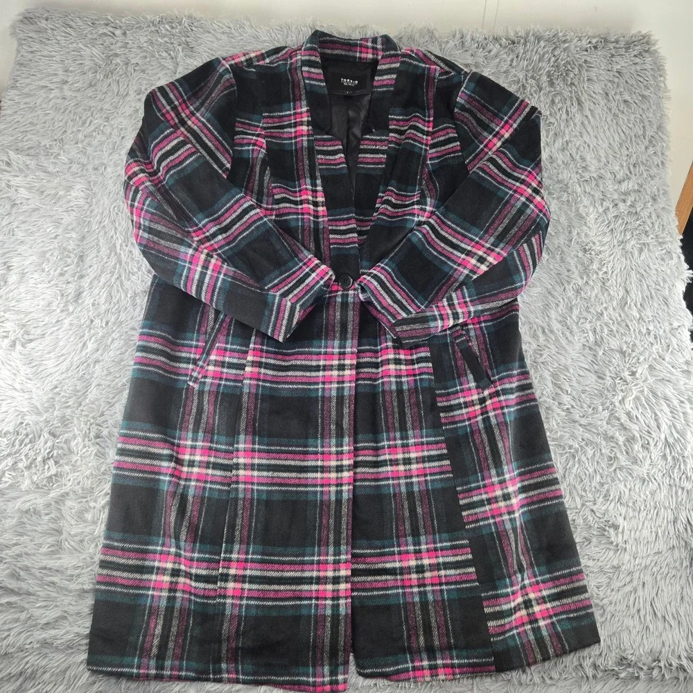 Torrid Womens 4 Black‎ Pink Teal Plaid Wool Blend Longline Single Button Coat